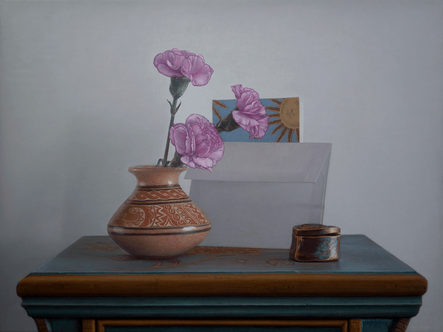 Oil painting Blue Table and Vase by John Hansen Artist