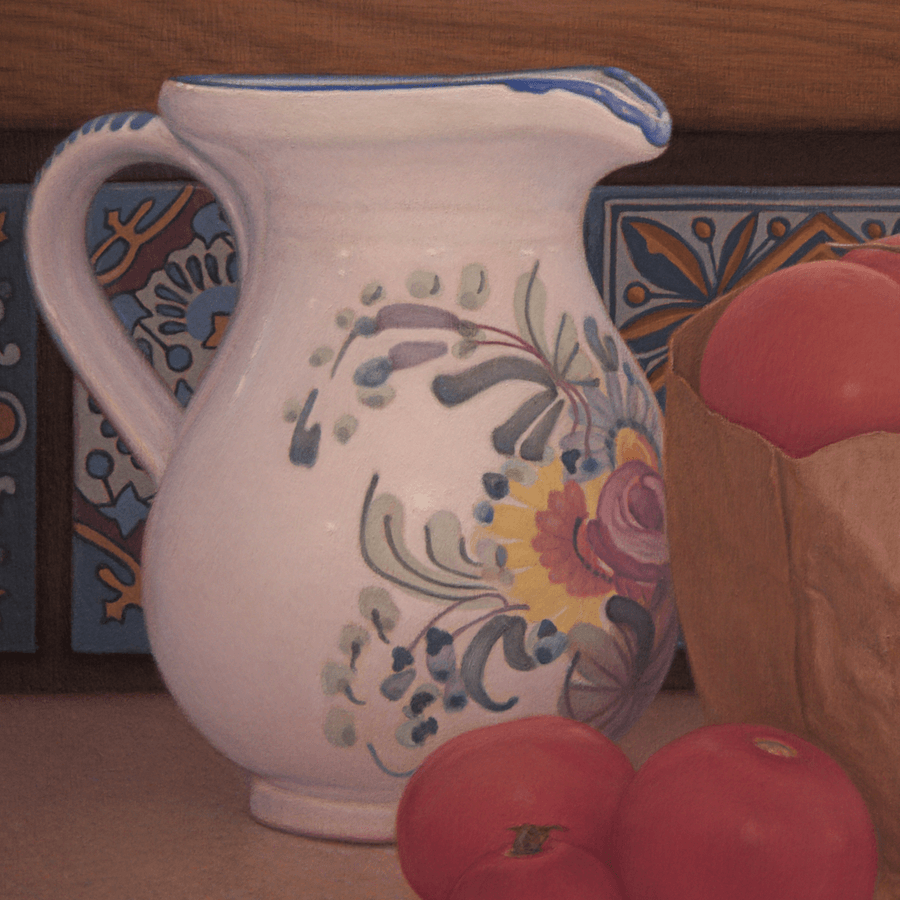 Detail of Oil painting Tomatoes and Floral Pitcher by John Hansen ArtistDetail of Oil painting Tomatoes and Floral Pitcher by John Hansen Artist