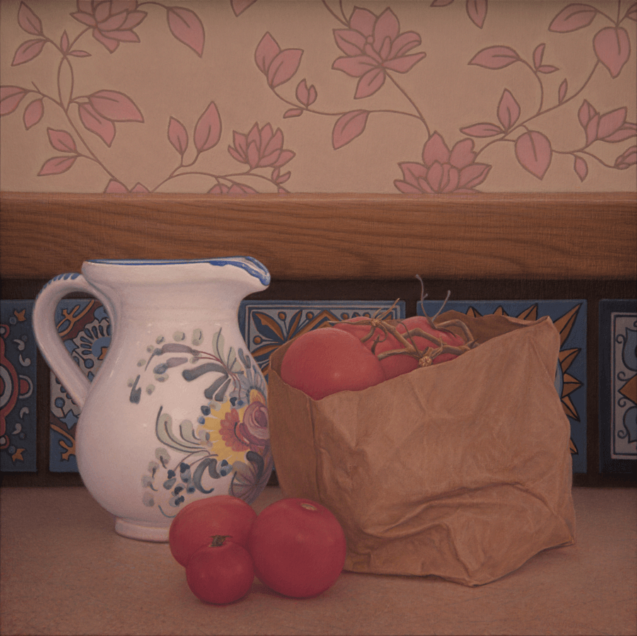 Oil painting Tomatoes and Floral Pitcher by John Hansen Artist