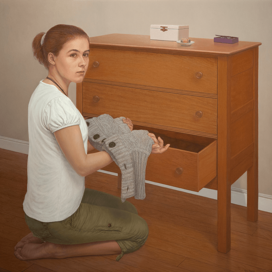 Oil painting Young Woman at Dresser by John Hansen Artist